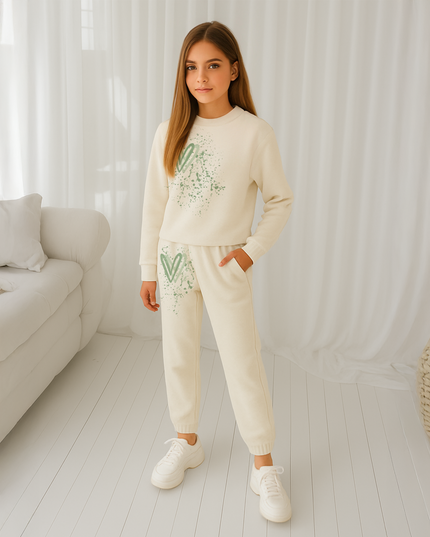 Sage Green Hearts Printed Sweatshirt Tracksuit Kids