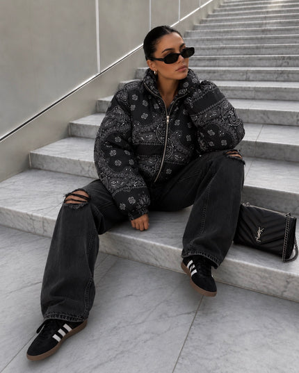 Paisley Puffer Cropped Jacket Black