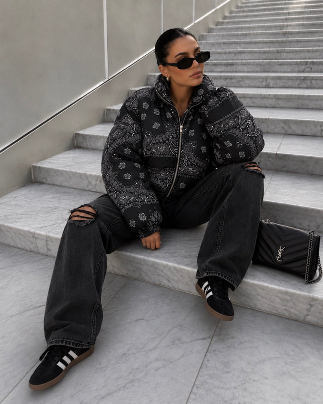 Paisley Puffer Jacket in Black – women's one size puffer coat by Miss Runway