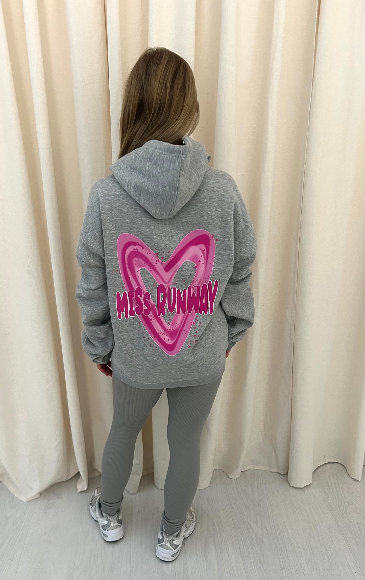 Miss Runway Pink Heart Graffiti Ruched Hoodie And Legging Set Grey