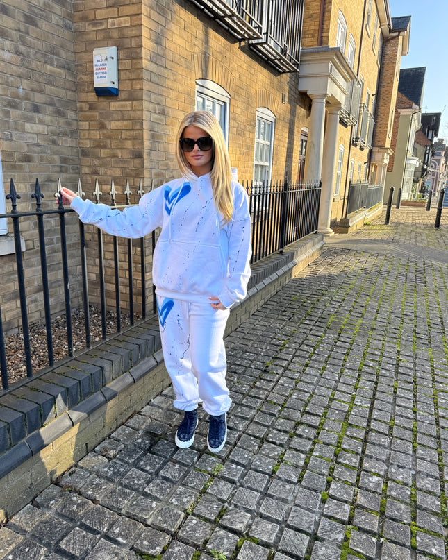 Royal Blue  Heart Sprayed Hooded White Tracksuit