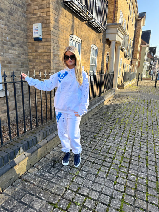 Royal Blue  Heart Sprayed Hooded White Tracksuit