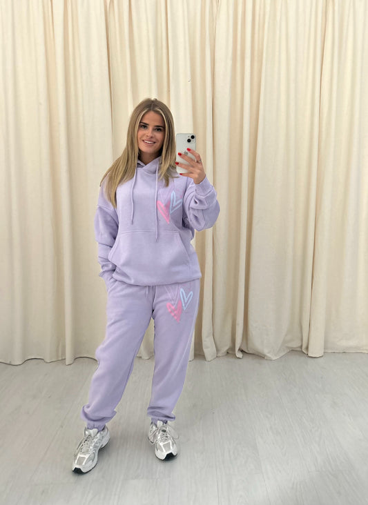 Miss Runway Pastel Heart Graffiti Hooded Tracksuit Lilac