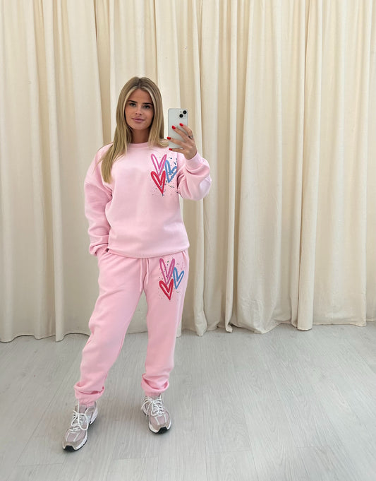 Miss Runway Multicolour Heart Graffiti Sweatshirt Tracksuit Pink