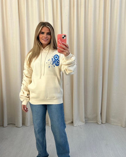 Evil Eye, Peace, Heart Printed Ruched Hoodie