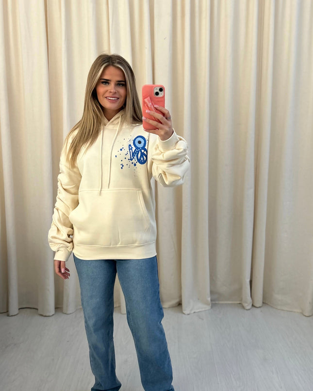 Evil Eye, Peace, Heart Printed Ruched Hoodie