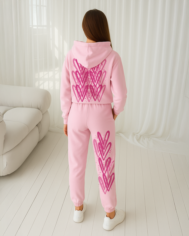 Hot Pink Hearts Printed Hooded Tracksuit Kids