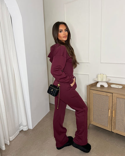 Cropped Zip Up Hood Sweatshirt & Wide Leg Trouser Tracksuit Burgundy