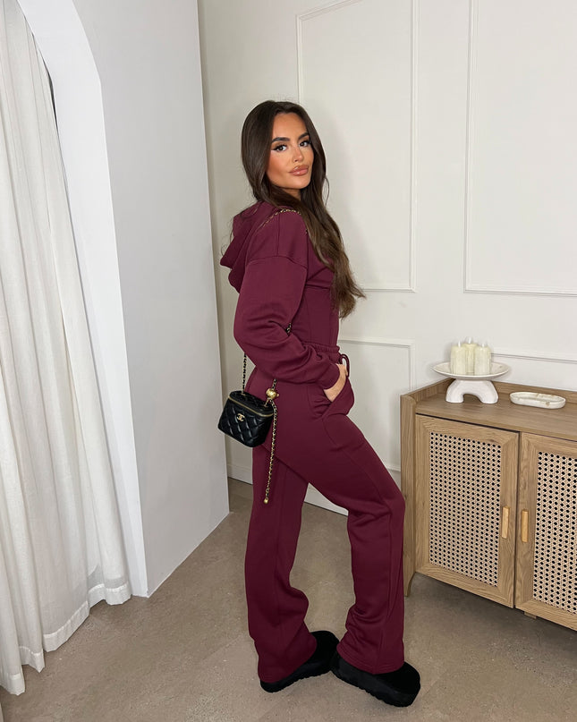 Cropped Zip Up Hood Sweatshirt & Wide Leg Trouser Tracksuit Burgundy