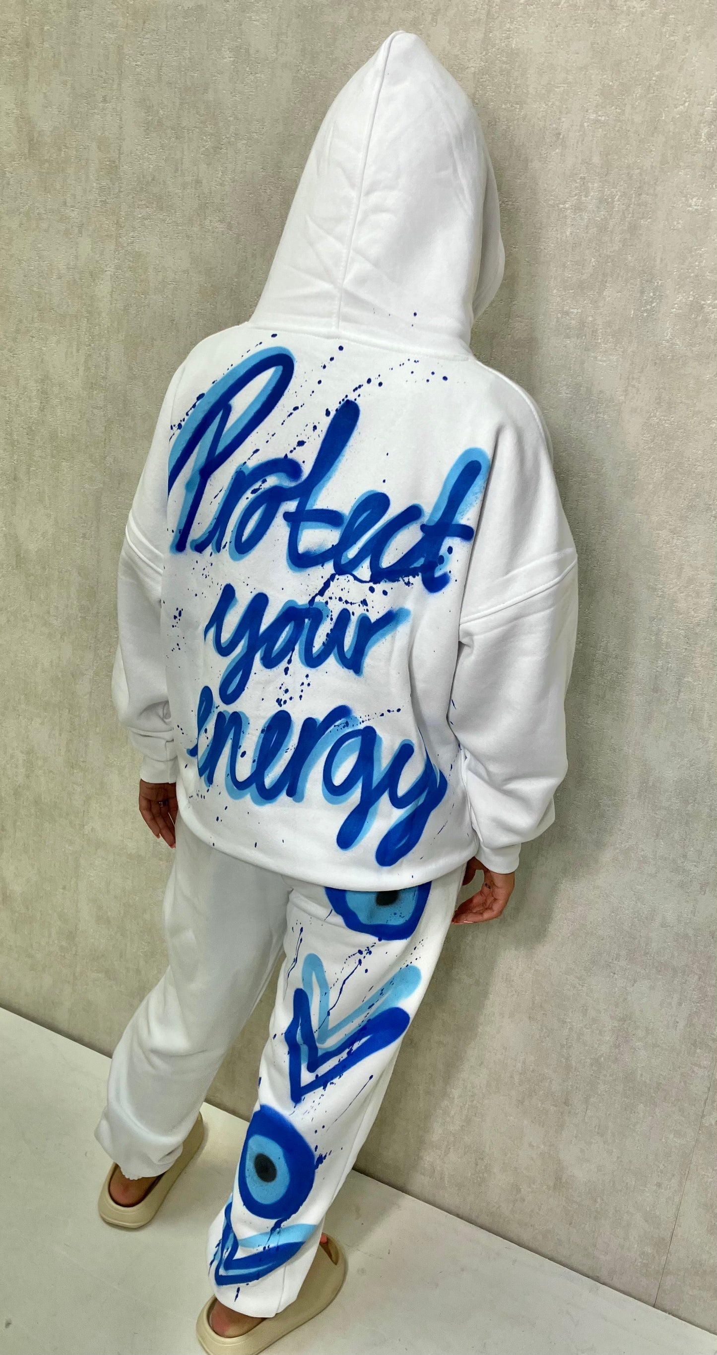 Protect Your Energy Sprayed White Hooded Tracksuit