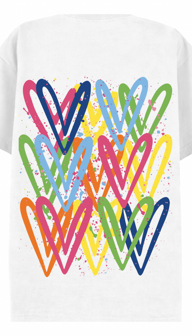 Multicoloured graffiti heart T-shirt with spray paint effect print – women's T-shirt by Miss Runway