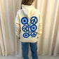 Evil Eye, Peace, Heart Graffiti Ruched Hoodie Cream