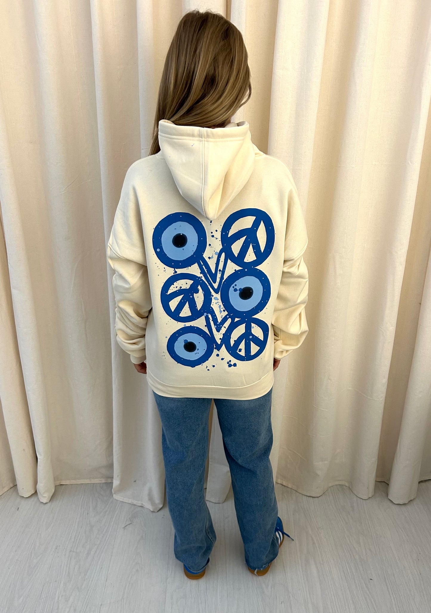 Evil Eye, Peace, Heart Graffiti Ruched Hoodie Cream