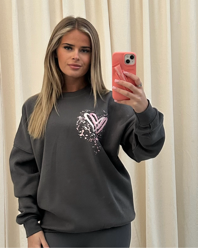 Pink Heart Graffiti Sweatshirt Charcoal Grey