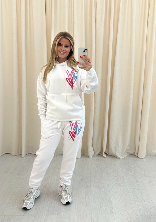 Miss Runway Multicolour Heart Graffiti Hooded Tracksuit White