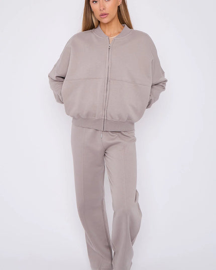 Oversized Bomber Style Fleece Zipper Co-ord Forest Dove Grey