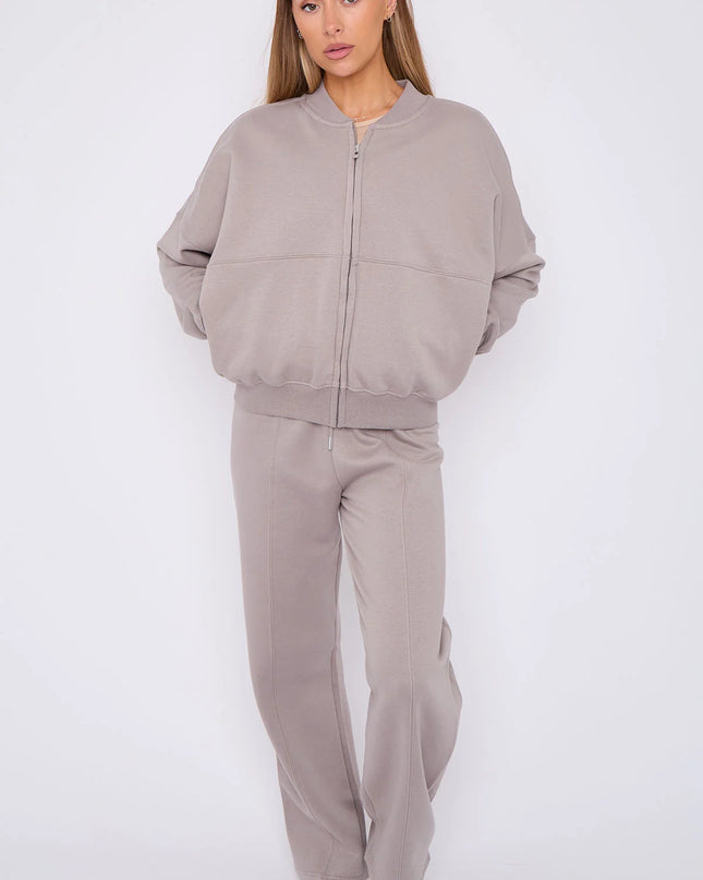 Oversized Bomber Style Fleece Zipper Co-ord Forest Dove Grey