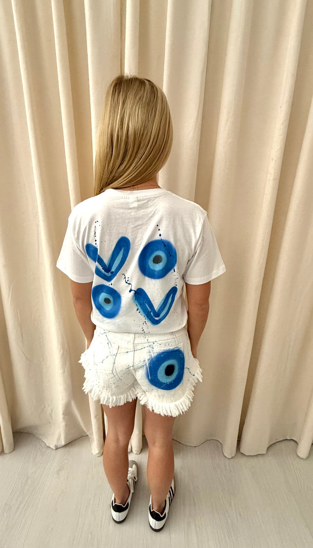 Evil Eye Spray Painted Denim Shorts And T Shirt