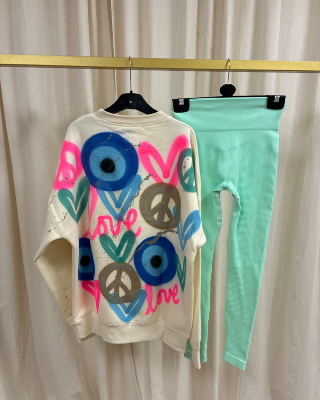 Neon Pink Love,Peace, Evil Eye Sweatshirt Legging Set Adults