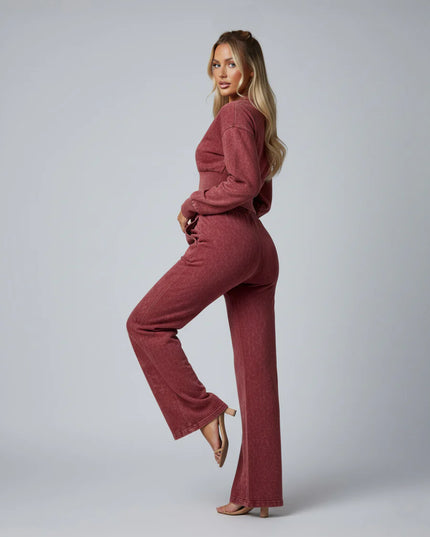 Acid Wash Cropped Zip Up Tracksuit Burgundy