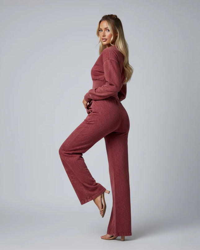 Acid Wash Cropped Zip Up Tracksuit Burgundy