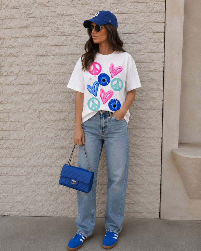 Pink Heart, Evil Eye Printed T-shirt Adult