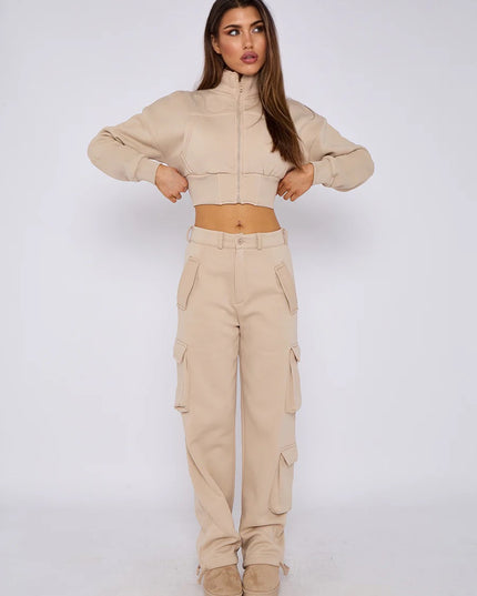 Cropped Zip Up Sweatshirt & Cargo Trouser Tracksuit Beige