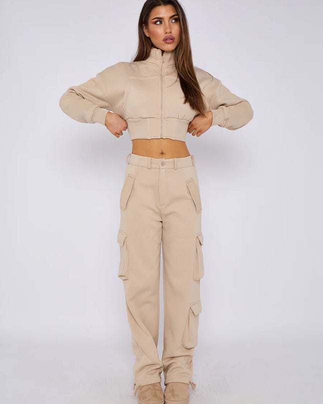 Cropped Zip Up Sweatshirt & Cargo Trouser Tracksuit Beige
