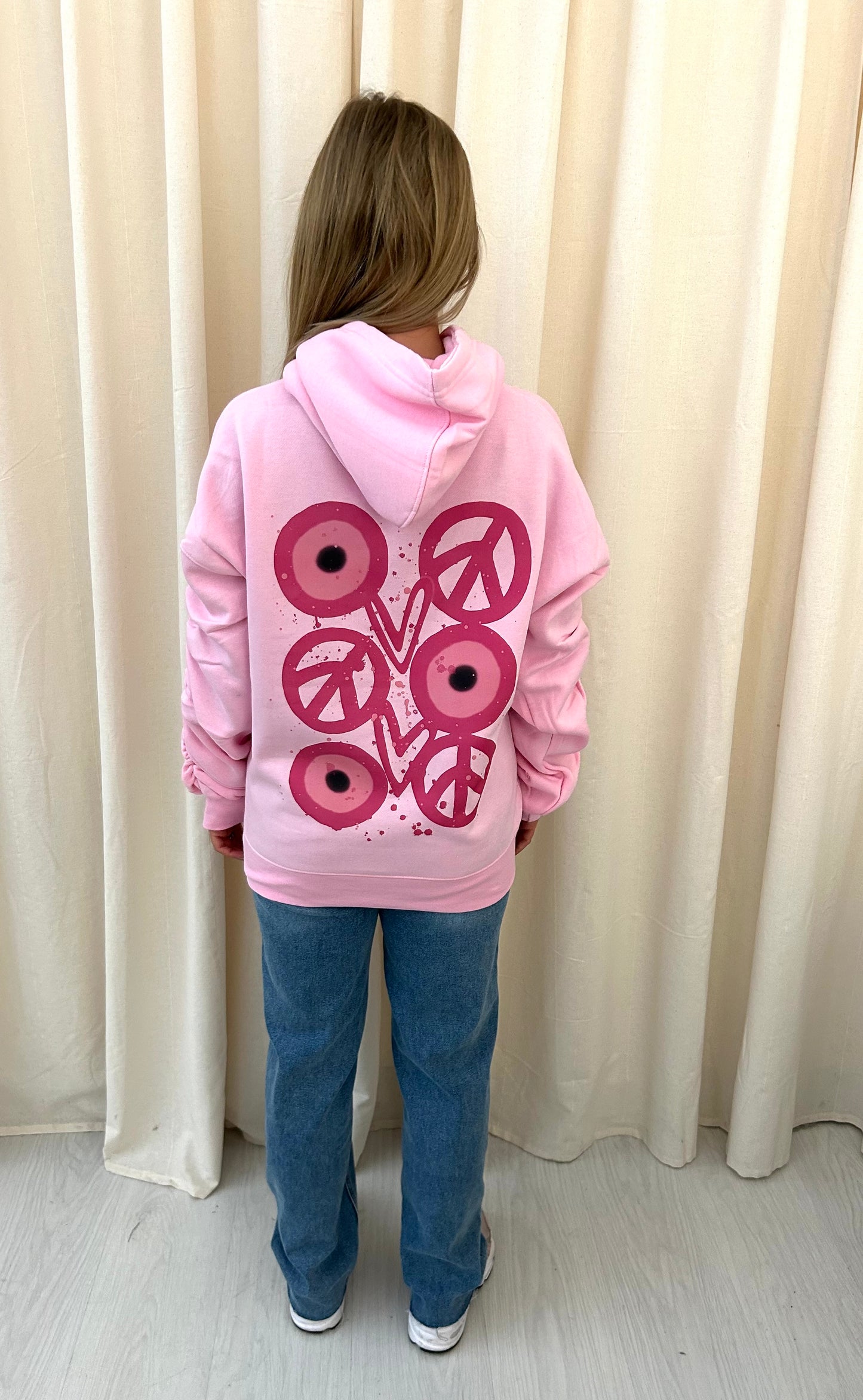 Evil Eye, Peace, Heart Graffiti Ruched Hoodie Pink