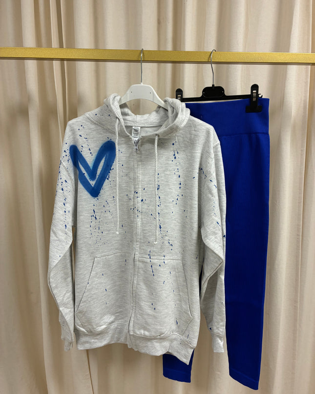 Royal Blue Spray Painted Zip Up Ash Grey Hoodie & Leggings Kids