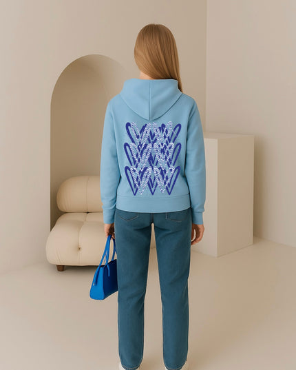Royal Blue Zig Zag Heart Printed Hoodie
