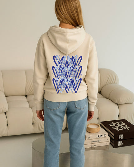 Royal Blue Zig Zag Heart Printed Hoodie