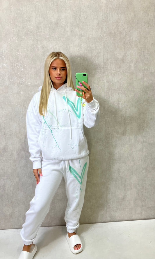 Mint Heart Sprayed White Hooded Tracksuit