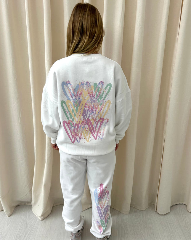 Pastel Leopard Print Heart Graffiti Sweatshirt Tracksuit White