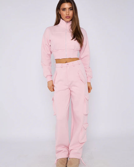 Cropped Zip Up Sweatshirt & Cargo Trouser Tracksuit Pink