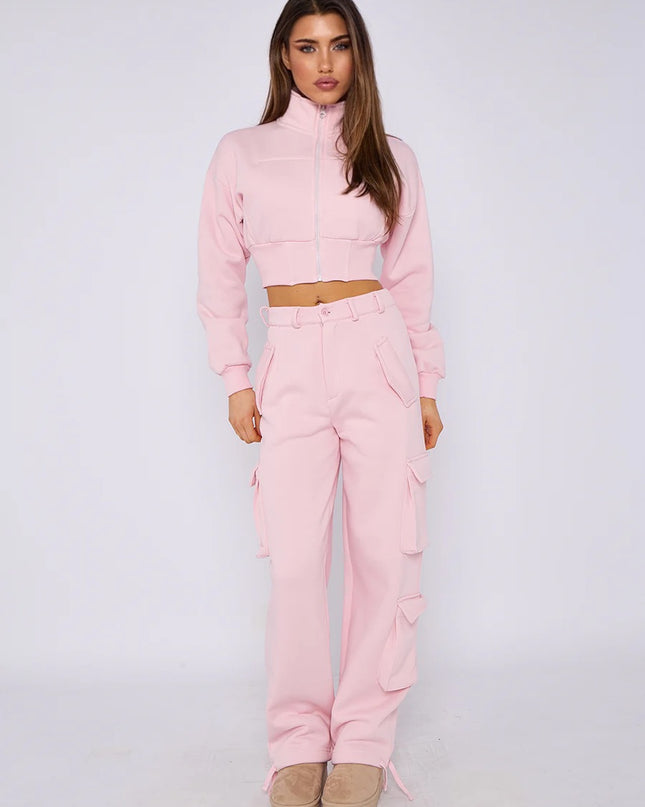 Cropped Zip Up Sweatshirt & Cargo Trouser Tracksuit Pink