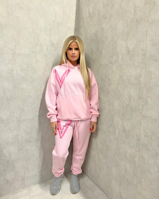 Pink Heart Sprayed Hooded Tracksuit