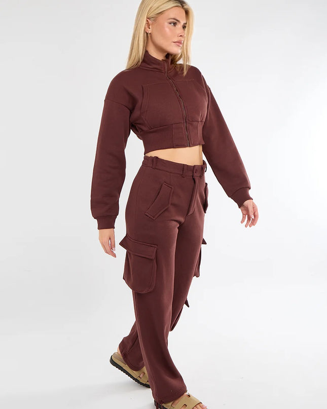 Cropped Zip Up Sweatshirt & Cargo Trouser Tracksuit Brown