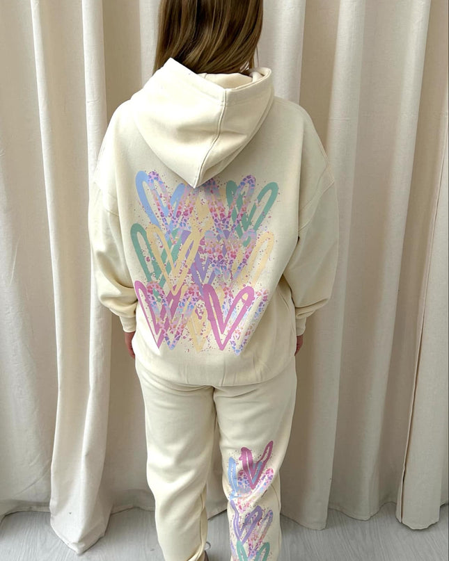 Pastel Leopard Heart Graffiti Hooded Tracksuit Cream