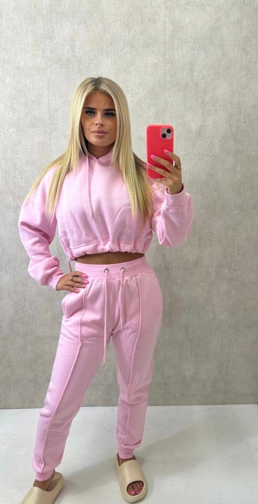 Cropped Hooded Drawstring Tracksuit Pink