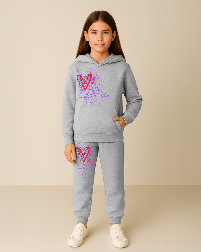 Multi Colour Leopard Hearts Printed Hooded Tracksuit Kids