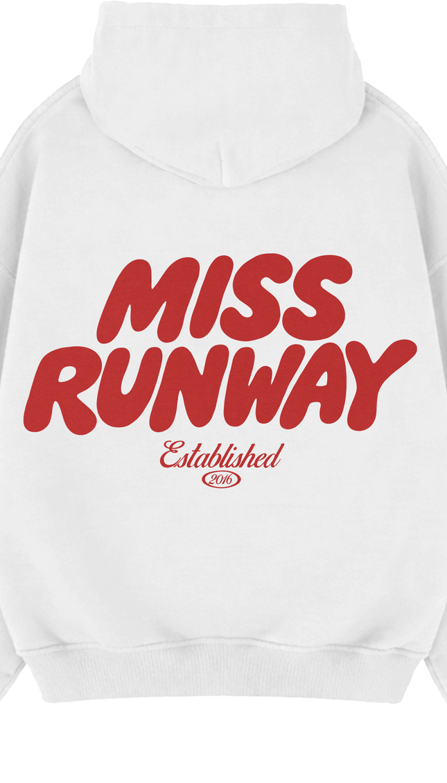 Miss Runway Established Hoodie White/Red – adult printed hoodie by Miss Runway