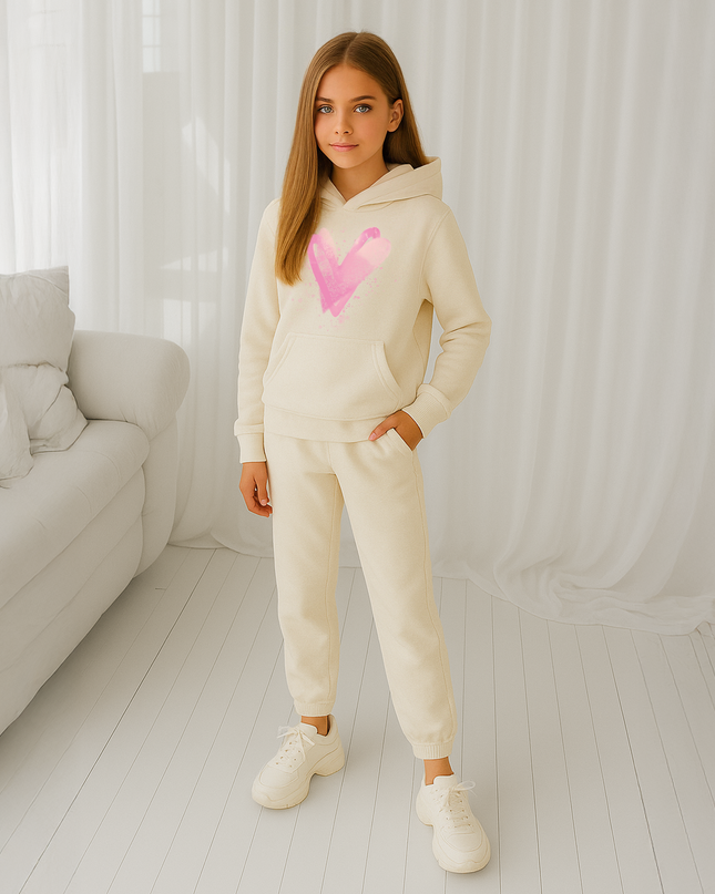 Pink Scattered Hearts Printed Hooded Tracksuit Kids