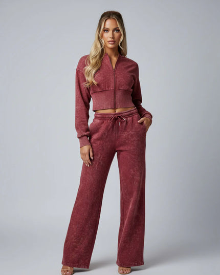 Acid Wash Cropped Zip Up Tracksuit Burgundy