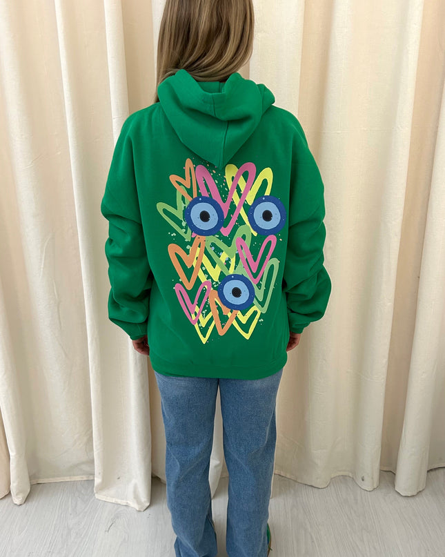 Neon Heart Evil Eye Printed Ruched Hoodie