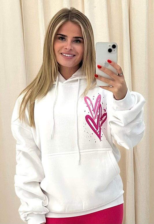 Miss Runway Pink Heart Graffiti Ruched Hoodie White