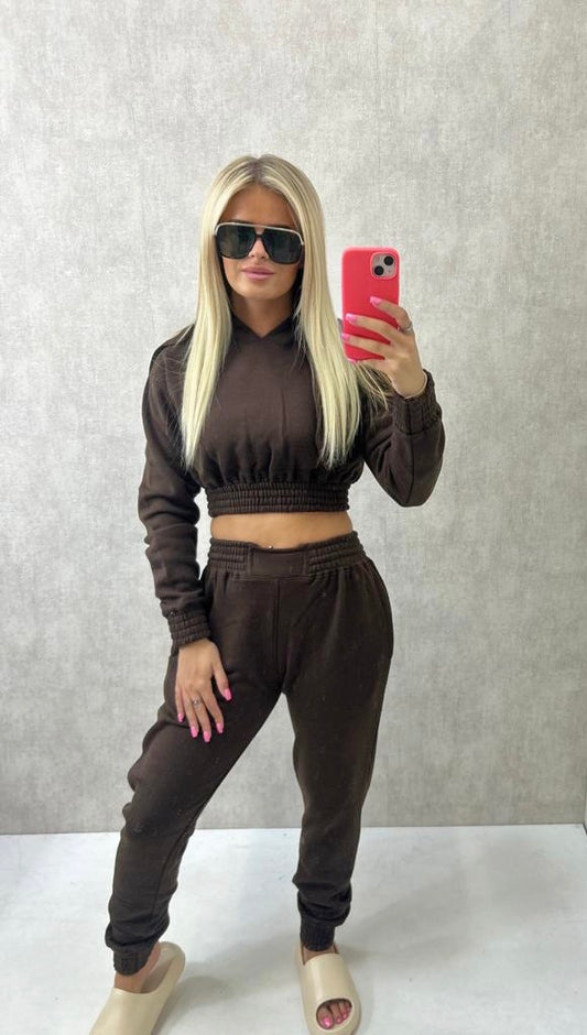 Cropped Hooded Tracksuit Brown