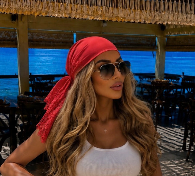Sun-kissed Soleil Satin Headscarf With Lace Edge Red (Pre order 22nd June)