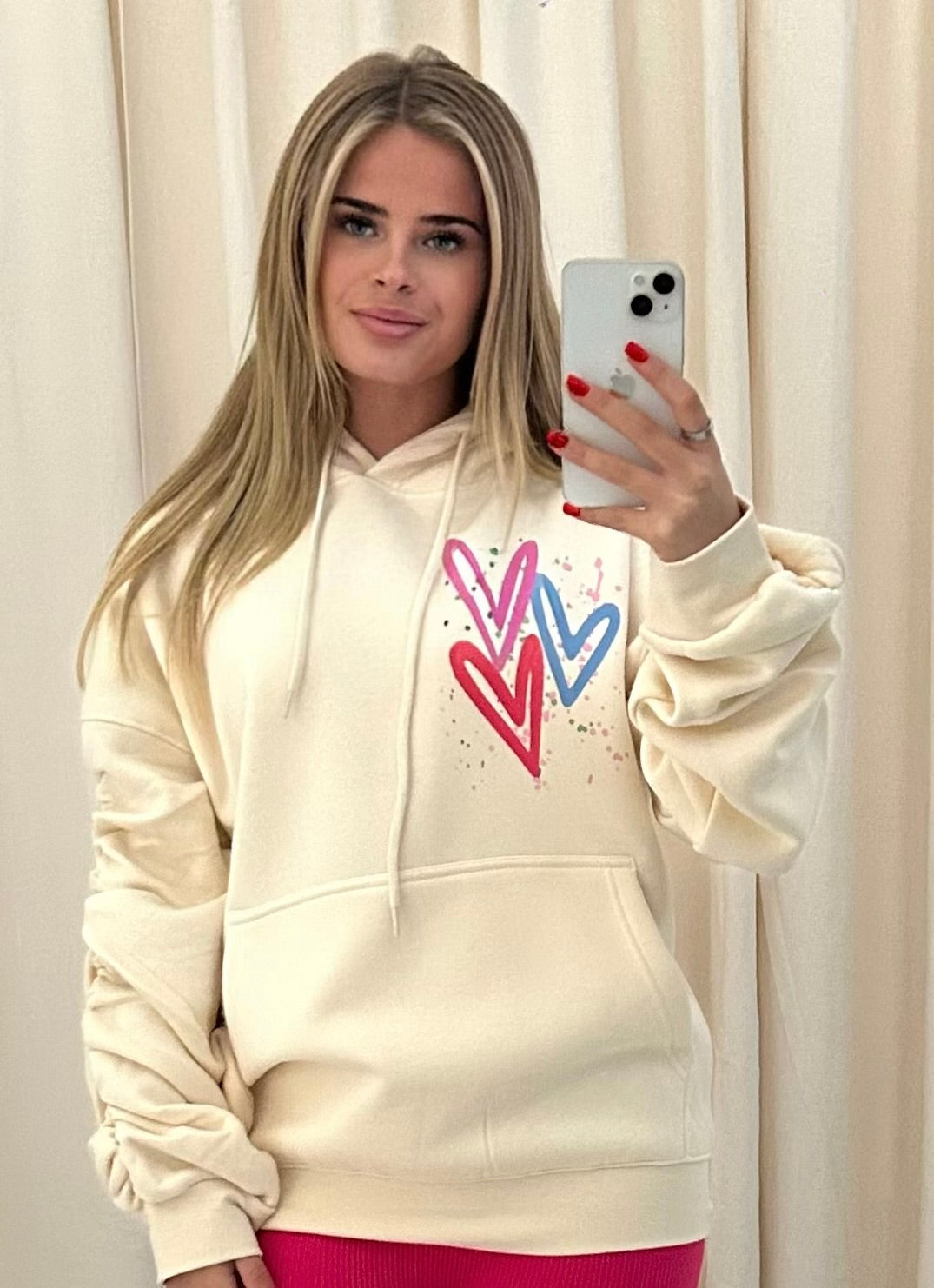 Miss Runway Multicolour Heart Graffiti Ruched Hoodie Cream