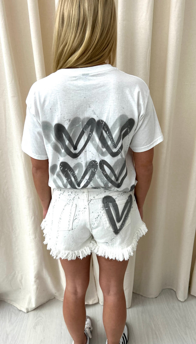 Grey Heart Spray Painted Denim Shorts And T Shirt